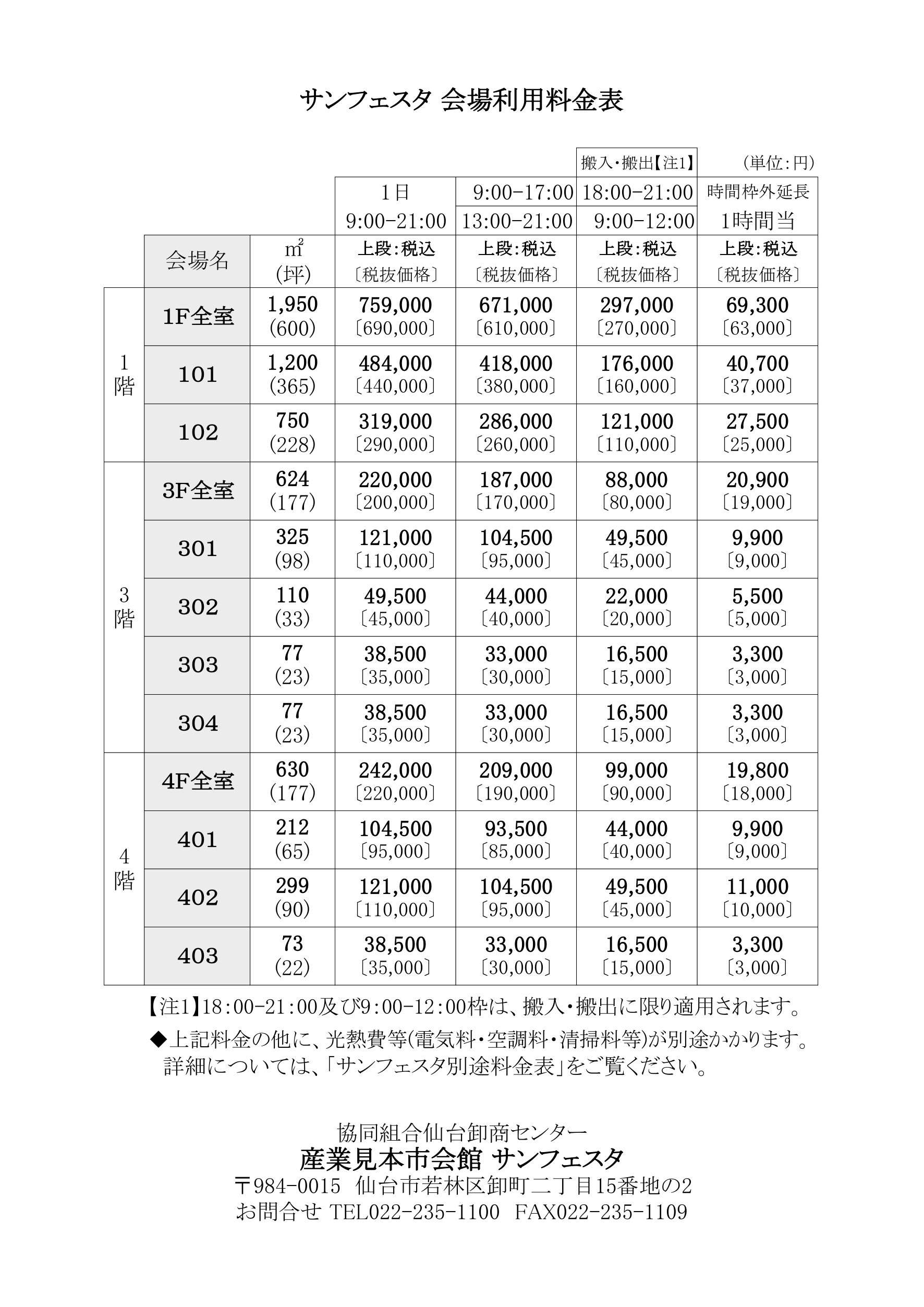 サンフェスタ会場利用料金表